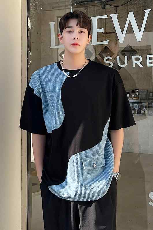 メンズ トップス 夏 デニム スプライシング 半袖 Tシャツ スタイリッシュ 韓国 コントラス カラー 付き..