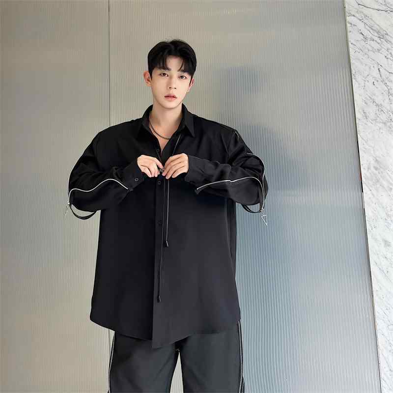 シャツ メンズ 春夏 ハイエンド デ コンストラクト シャツ 長袖 メタルジッパー 韓国 クール 先染め生地 ポインテッドカラー オールシーズン ゆったり
