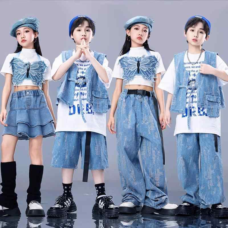 子供 ヒップホップ 服 男の子 デニムベスト セット キッズ ストリート ガール 衣装 ジャズ ダンス トップス