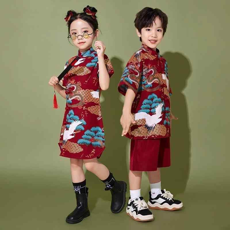 子供服 男の子 女の子 チャイナ 鶴柄 パフォーマンス 衣装 兄弟 姉妹 着物風 コーラス イベント エレガント かわいい ユニセックス