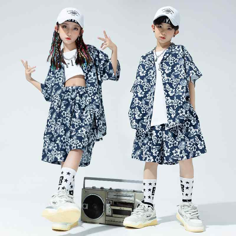 子供服 キッズ シャツ ストリート ダンス ヒップホップ スポーティー カジュアル ブルー フラワープリント パフォーマンス エネルギッシュ モード