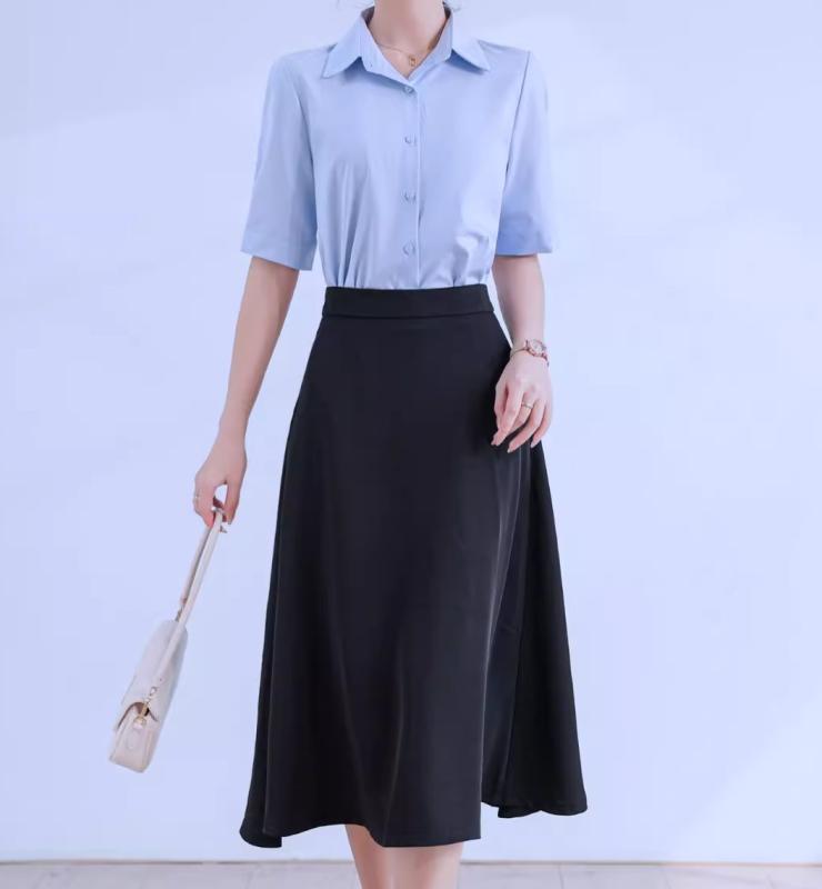 レディース 2点 セットアップ 半袖 五分袖 シャツ 白 薄青 シャツ襟 スカート 黒 紺 ショート丈 ミディ丈 Aライン 組み合わせ シングルブレスト 上品 エレガント 快適 上質 フォーマル オフィス