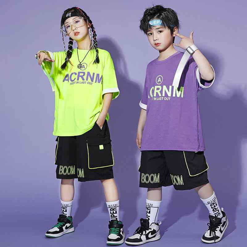 子供服 キッズ ダンス 衣装 ストリート ヒップホップ パフォーマンス 蛍光グリーン カジュアル スポーティー アクティブ エネルギッシュ