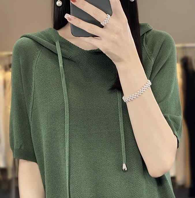 レディース トップス ニット フード付き 半袖 五分袖 冷感 プルオーバー 黒 白 薄茶 緑 シンプル 快適 カジュアル フレッシュ ストリート アウトドア 軽量 吸湿 快適 バカンス