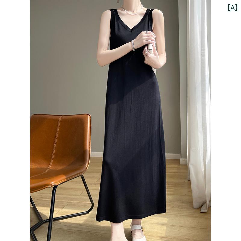 レディース サマードレス ロング ノースリーブ 袖なし キャミソール 薄手 ニット タンクトップ ドレープ サスペンダー Vネック Aライン 涼感 軽量 モダン 白 黒 赤茶 薄ベージュ 薄グレー シンプル