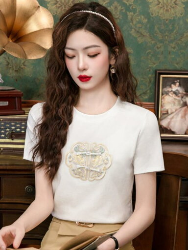 レディース ファッション 夏 チャイナ風 シャツ 半袖 Tシャツ ラウンドネック レトロ クラシック 植物 花 刺繍 トップス 白 黒 カジュアル シンプル レディース ファッション 夏 チャイナ風 シャツ 半袖 Tシャツ ラウンドネック レトロ クラシック 植物 花 刺繍 トップス 白 黒 カジュアル シンプル