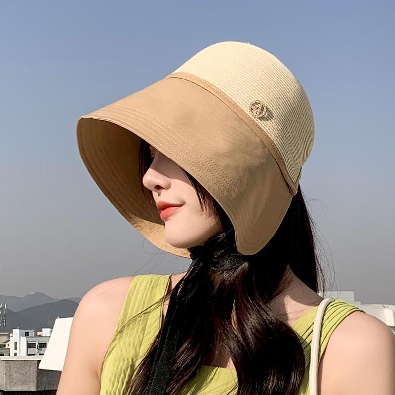 帽子 夏 旅行用 女性用 日焼け防止帽子 レター スリット 付き つば広 ストロー バケットハット ファッション 日よけ帽子