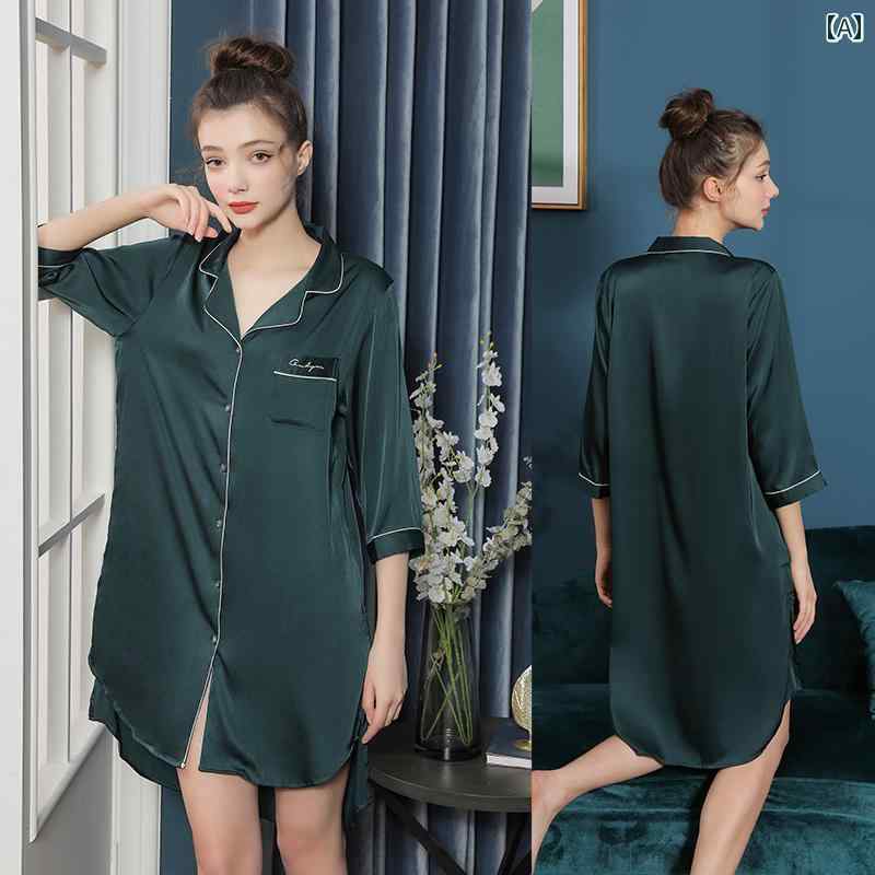 ダークグリーン パジャマ レディース 夏 冷感 セクシー 薄手 魅惑的 春秋 シャツ 寝間着 ルームウェア
