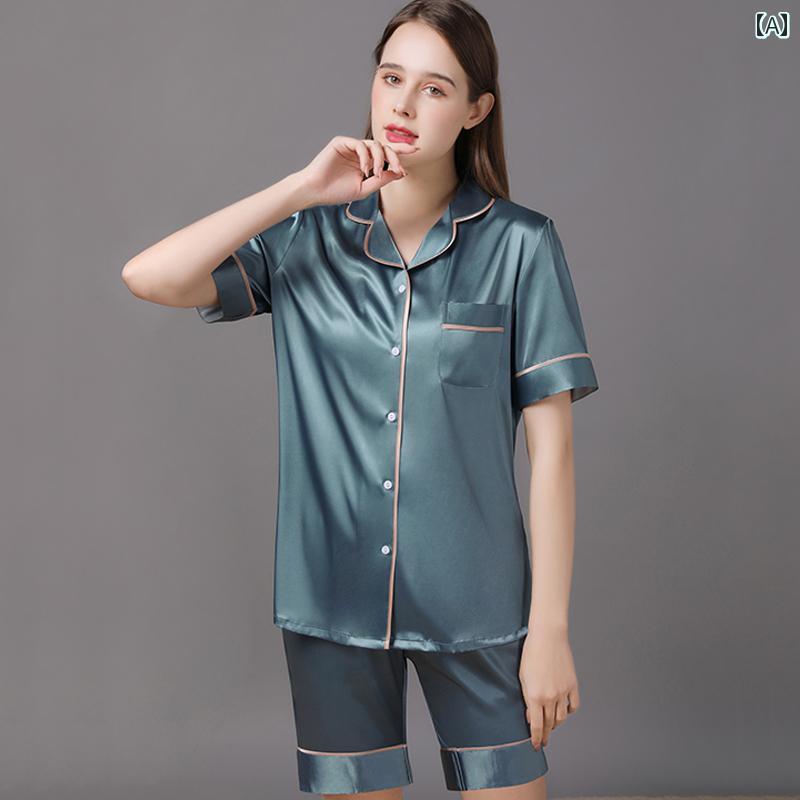 パジャマ ルームウェア ハイエンド 冷感 カップル レディース ラグジュアリー 夏 半袖 半ズボン メンズ 夏 薄手 上品 大きいサイズ スーツ