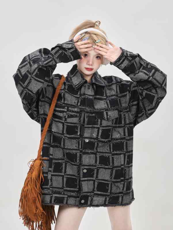 トップス ジャケット 上着 レディース おしゃれ かわいい チェック 大きいサイズ ポロ襟 春秋 シングルブレスト 長袖 綿