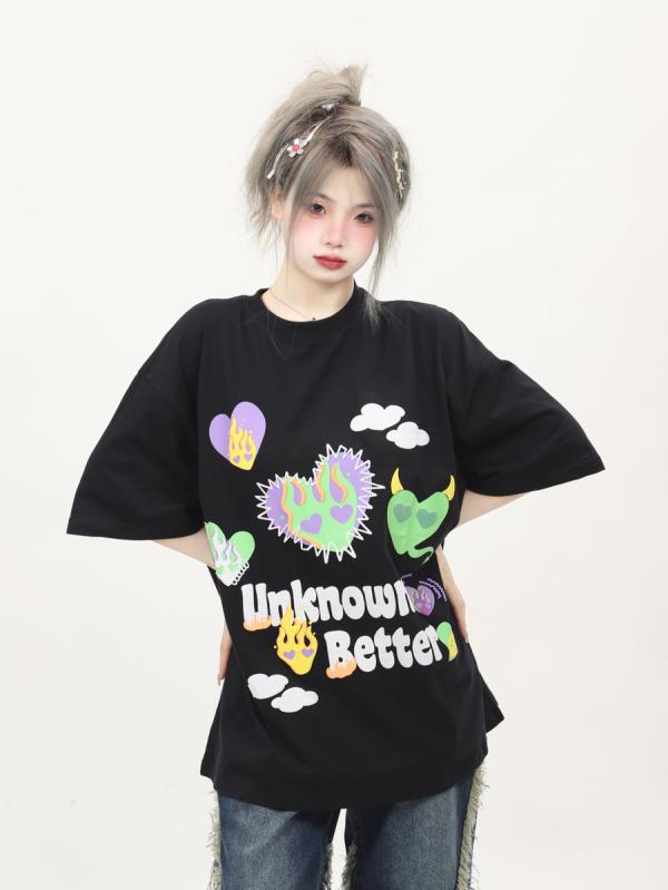 レディース クール プリント 半袖 Tシャツ 黒 スリム 半袖 トップス 夏 ラウンドネック