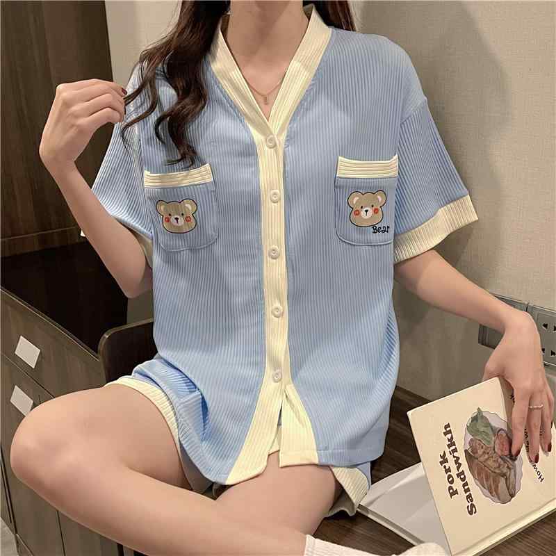 レディース パジャマ ナイトウェア 女性用 夏 半袖 綿 カーディガン ツーピース スーツ セクシー キュート ホームウェア