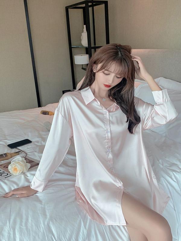 夏 パジャマ ゆったり ワンピース フェミニン ひんやり ハイエンド 長袖 シャツ ネグリジェ レディース ホームウエア