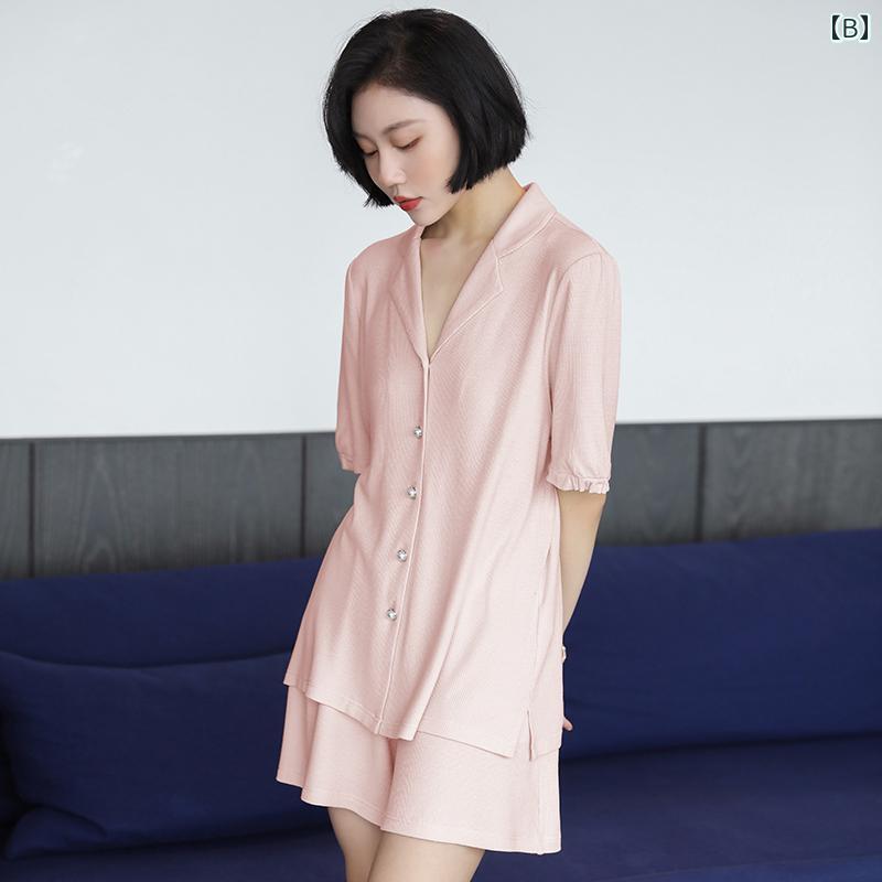 レディース パジャマ 夏 半袖 シンプル カジュアル ホームウェア アプリコット 薄手 ショートパンツ ハイエンド 2