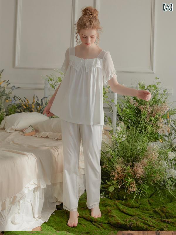 パジャマ レディース 宮殿風 春夏 レースフリル シフォン 2点セット リボン 半袖 透け感 ゆるふわ 快適..