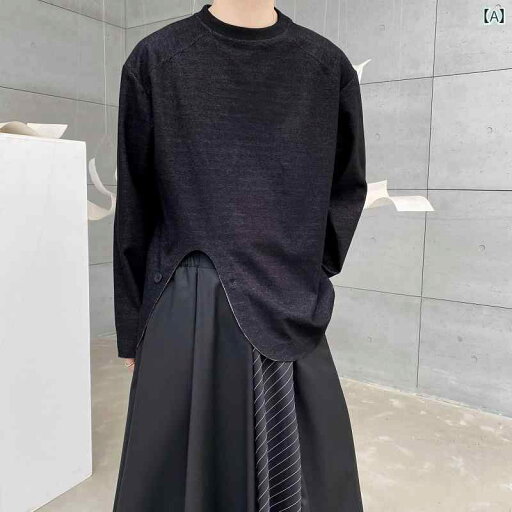 春 エッジ ボタン付き イレギュラーヘム ラウンドネック 長袖トップス メンズ シャツ カジュアル スウェットシャツ 春 エッジ ボタン付き イレギュラーヘム ラウンドネック 長袖トップス メンズ シャツ カジュアル スウェットシャツ
