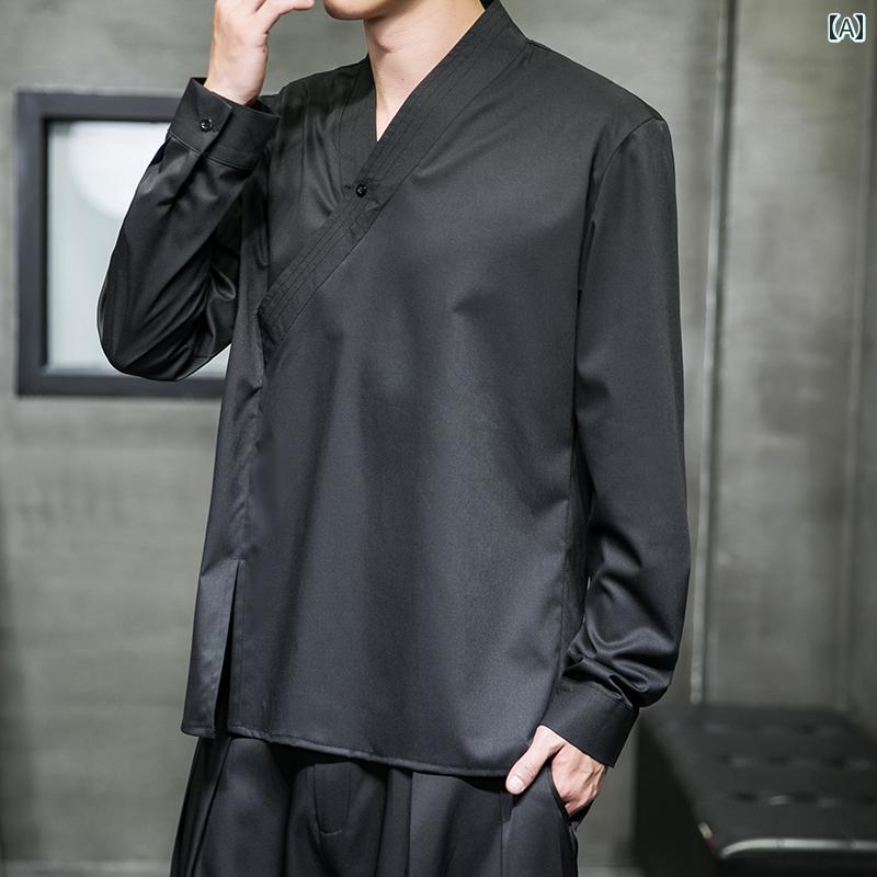 チャイナ風 漢服 斜め フロント 冷感シャツ メンズ 長袖 春秋 チャイナ風 メンズカジュアル プルオーバーシャツ