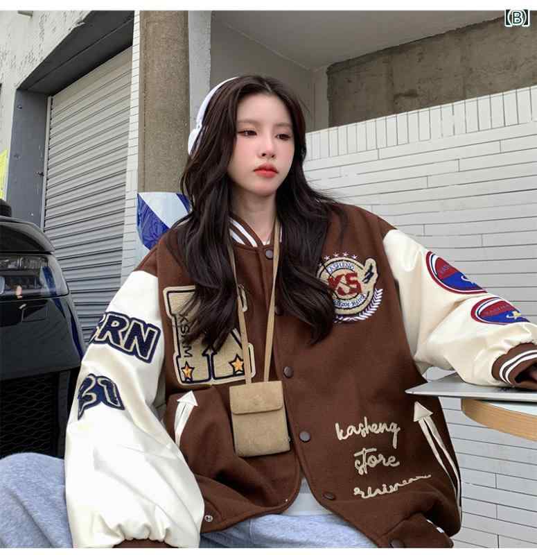 アメリカン レトロ ベースボール ジャケット レディース 春秋 パイロット ステッチ レザー スリーブジャケット