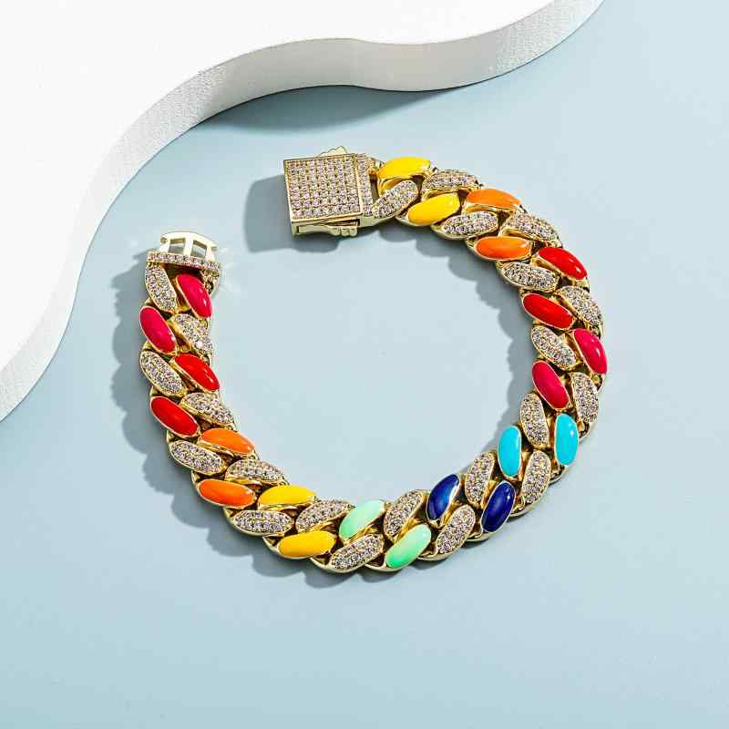 アメリカ ヒップホップ カラフル 14mm ジルコン スプリング バックル ソリッド キューバ ブレスレット メンズアクセサリー