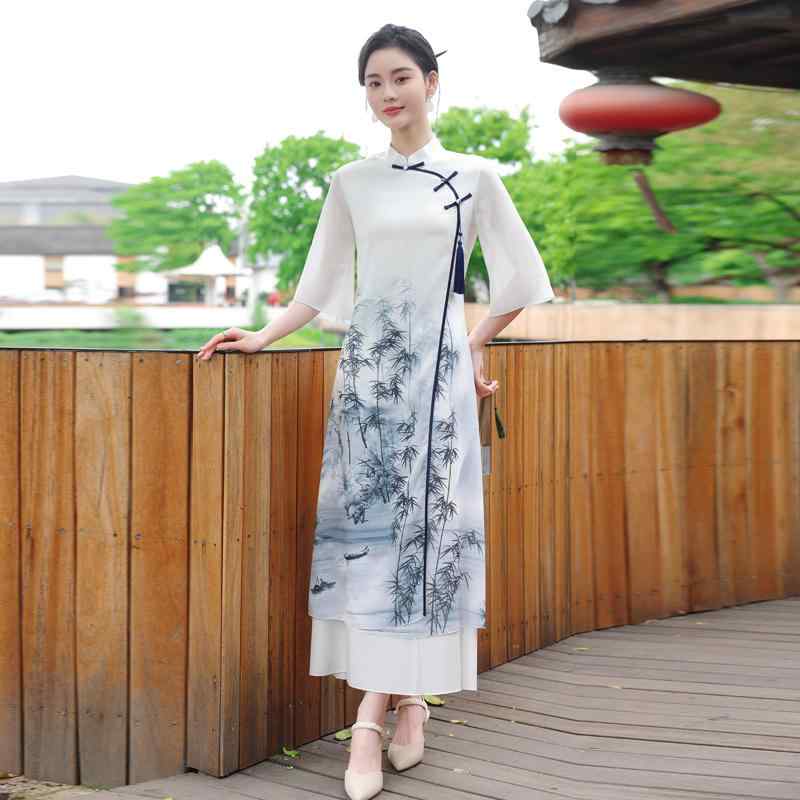 チャイナドレス 中国風 アオザイ チャイナ ドレス 改良 デイリー 若々しい 七分袖 レトロ トレンド ティー ドレス 夏