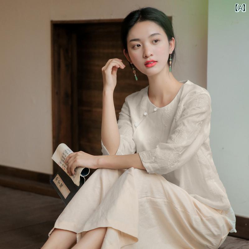 レディース チャイナ風 セットアップ 爽やか ラミー 唐 若々しい 夏 ティー 禅 文学 ハイエンド トップス 涼しげ ワイドレッグパンツ 刺繡 セット