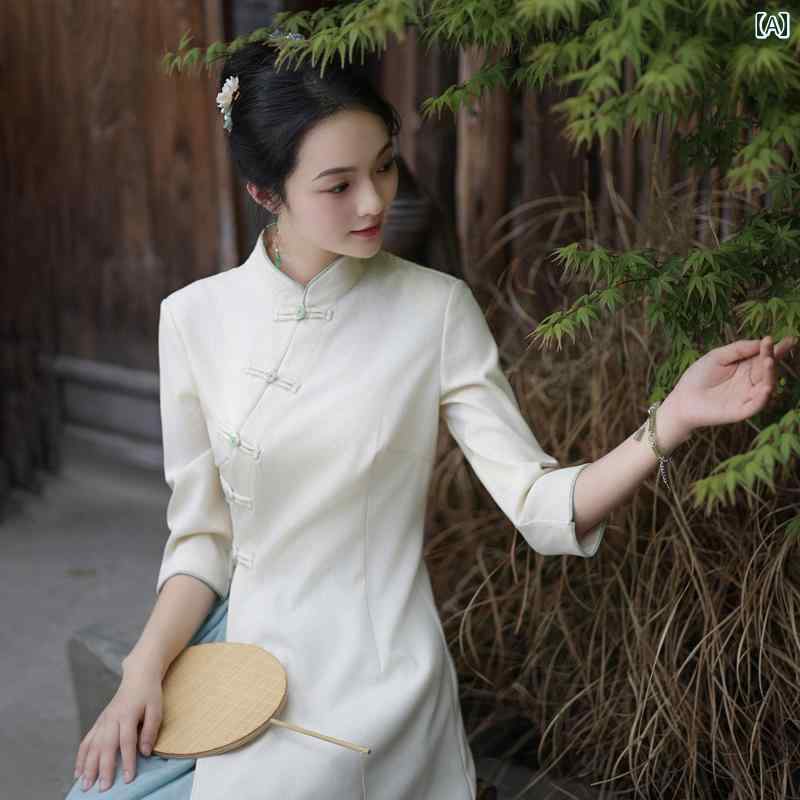 レディース ファッション リネン 唐 チャイナ風 茶 アーティスト 作業着 春夏 瞑想服 茶師服 禅 文学 芸術 ロング スリット 無地 シンプル スタンドカラー