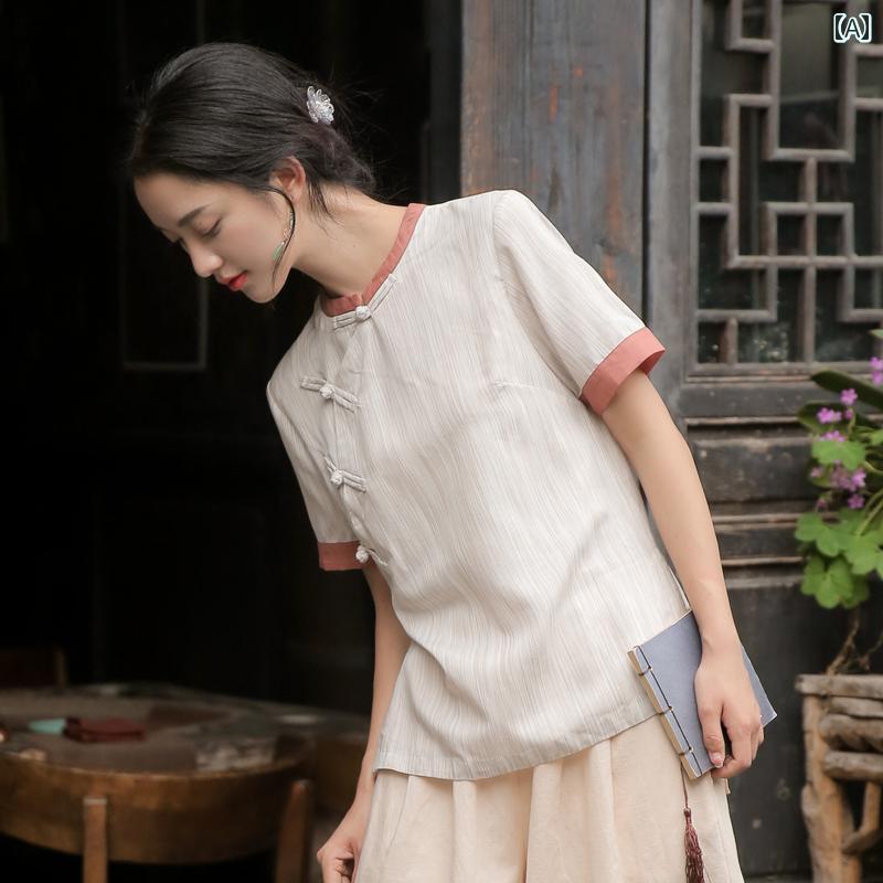 レディース チャイナ風 セットアップ 爽やか 麻 唐 セット 若々しい 夏 半袖 ボタン付き ティー 小柄用 禅 文学 トップス リネン 女性用 ワイドレッグパンツ ラウンドネック