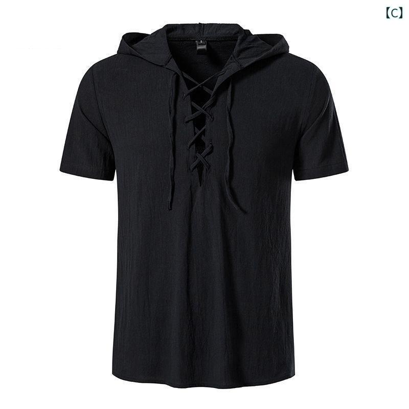 シャツ トップス 半袖 メンズ カジュアル 普段使い 無地 襟 ネクタイ フード付き ビーチ レトロ スタイル