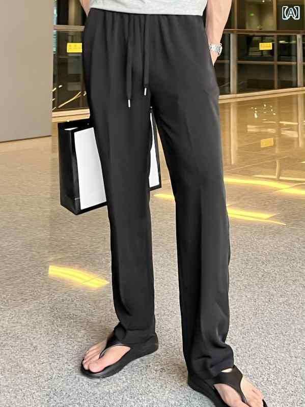 夏 薄手 ストレートパンツ シンプル 無地 おしゃれ バカンス ドライブ 海 スタイリッシュ 通気性 デート ラフ 涼しい ドレープ メンズ カジュアル フォーマル