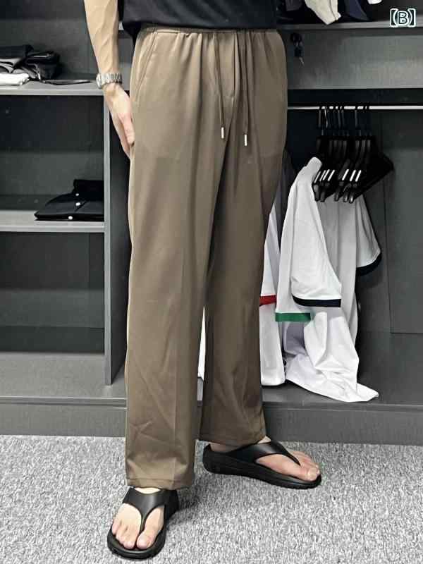夏 薄手 ストレートパンツ シンプル 無地 おしゃれ バカンス ドライブ 海 スタイリッシュ 通気性 デート ラフ 涼しい ドレープ メンズ カジュアル フォーマル