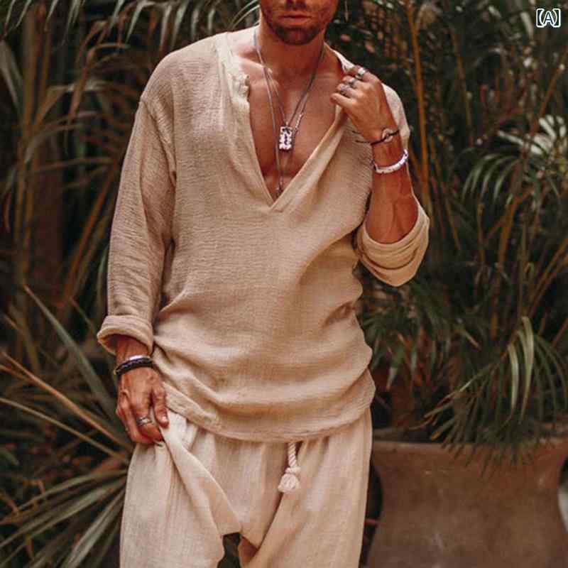 春夏秋 長袖 メンズ シャツ 薄手 ビーチ カジュアル 休暇 無地 プルオーバー トップス アプリコット ゆ..