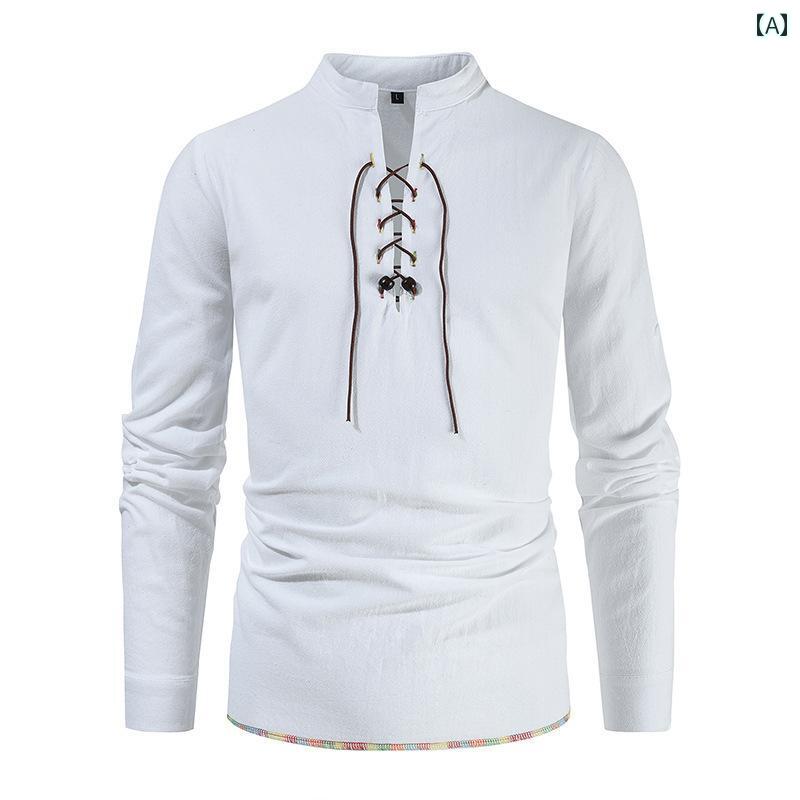 トップス メンズ レディース カジュアル 無地 長袖 紐 シャツ 春秋 レトロ プルオーバー ビーチ シンプル