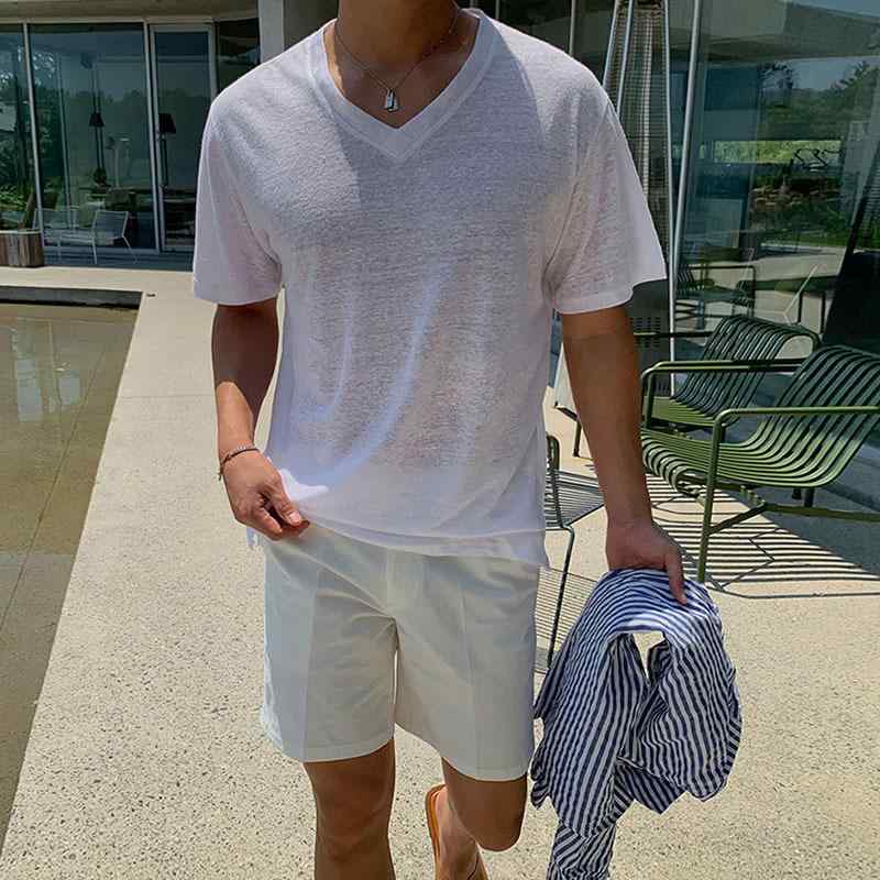 シャツ トップス 若見え メンズ 無地 夏 半袖 Tシャツ シンプル ビーチ バケーション レジャー Vネック ゆったり 薄手 日常着 プルオーバー