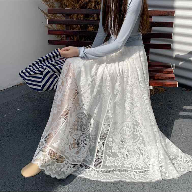 レディース チャイナ風 インナー ペチコート付き ホワイト レース メッシュ スカート 伸縮性のある レ..