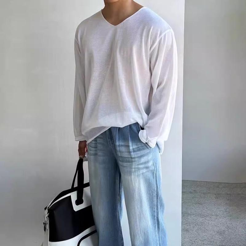 アメリカン クール シルクニット セーター メンズ ゆったり 透視感 日焼け防止 長袖 ブラウス 大きい襟 リネン メッシュ Tシャツ UVカット 涼感 おしゃれ 軽量 カジュアル