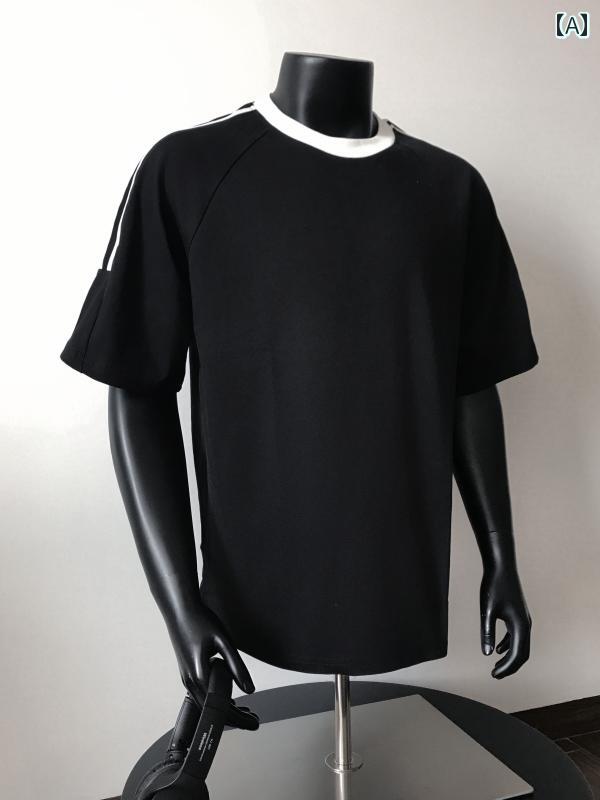 Tシャツ 半袖 トップス ラグラン メンズ レディース アメリカン ラウンドネック スポーツ トップス カップル ストライプ ゆったり 万能 カジュアル シンプル ペアルック