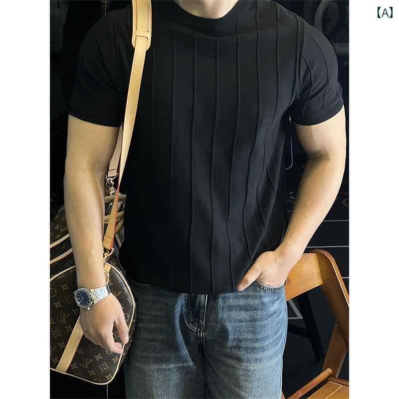 Tシャツ メンズ 大きいサイズ 軽量 快適 シンプル ストライプ 半袖 ゆったり ニット レイヤリング トップス