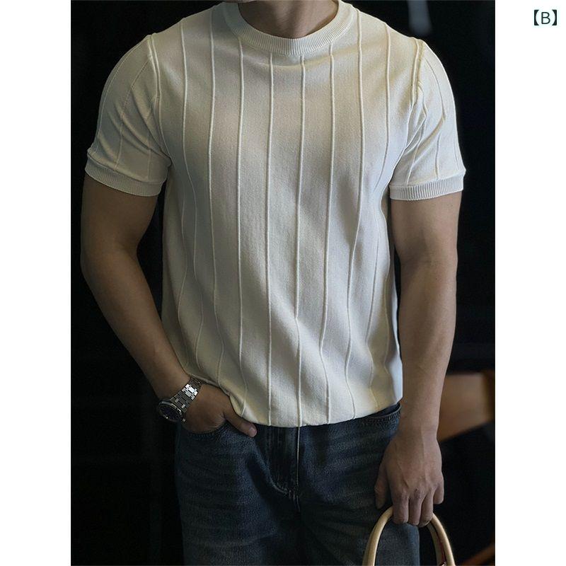 Tシャツ メンズ 大きいサイズ 軽量 快適 シンプル ストライプ 半袖 ゆったり ニット レイヤリング トップス