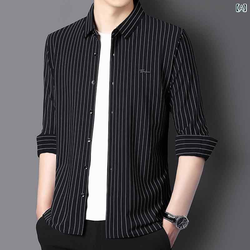 紳士服 中年 メンズ 冷感 長袖 シャツ 春秋 縦縞 シャツ おしゃれ リラックス オフィスカジュアル インナー トップス