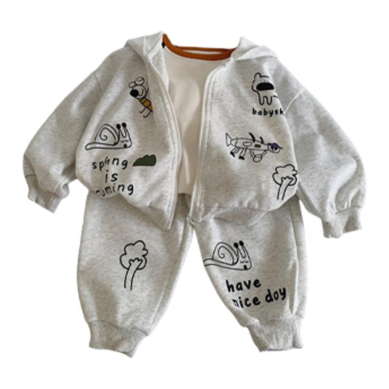 男の子 キッズ 子供服 上下 セットアップ グレー フード付き 秋 カジュアル スウェット ジッパー 2点セット ラフ着 落書き
