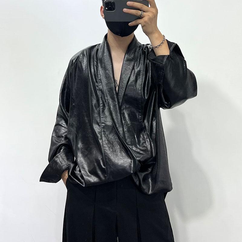 ジャケット レザー製 ダメージ加工 アウター 長袖 シングルブレスト 深い Vネック カジュアル ダーク レトロ ヴィンテージ風 ルーズフィット コート 秋 メンズ 男性 軽量 ソフト 日常使い