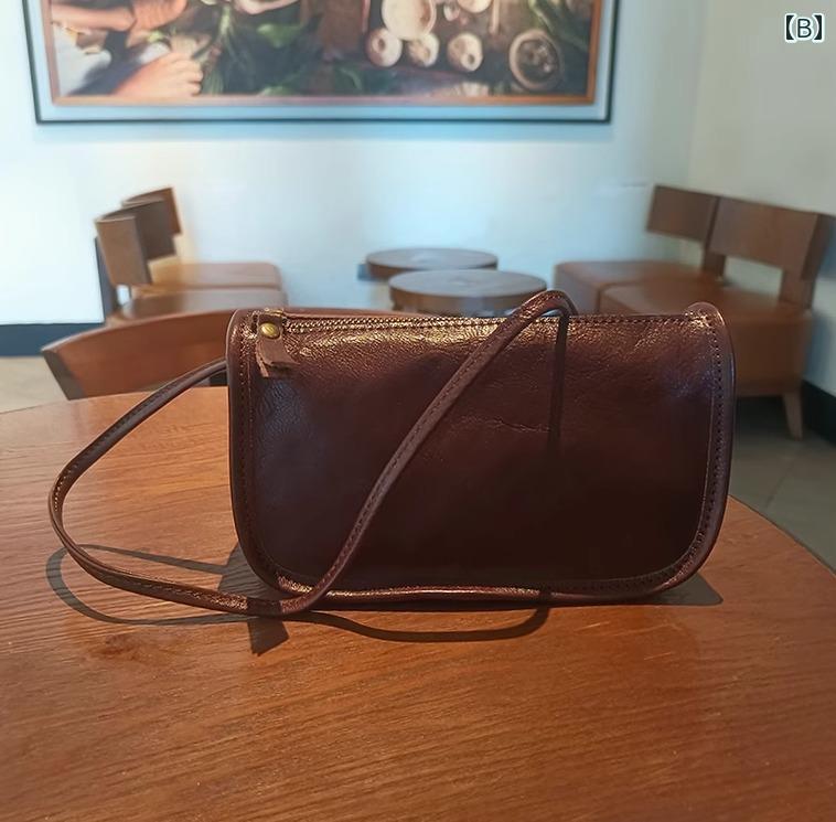 ショルダーバッグ 軽量 レトロ シンプル レザー 植物タンニンなめし おしゃれ 牛革 スクエアバッグ レ..