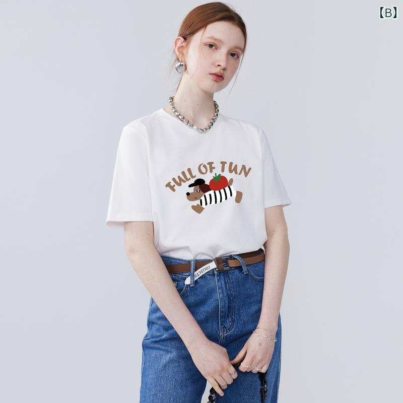 ラウンドネック プリント 半袖 Tシャツ レディース 黒 ブラック カジュアル 夏 韓国系女子 トマト 犬 ..