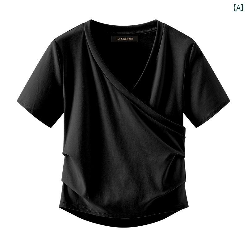 レディース シャツ 無地 クロス プリーツ トップス 半袖 プルオーバー Vネック ショート丈 カジュアル スリムフィット 通気性 夏 女性 軽量 ソフト 通勤 オフィス 日常使い 多用途(4)