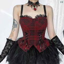 キャミソール 赤 黒 チェック柄 アイドル風 コスプレ 衣装 サスペンダー セクシー クラブ ロック ガール グループ衣装 セクシー リボン装飾 フリルスカート 透け感
