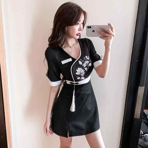 美容系 サロン 制服 接客 ユニフォーム レディース ブラック バイカラー 蓮プリント チャイナ風 シンプル ワンピース おしゃれ 快適 万能 セットアップ 美容系 サロン 制服 接客 ユニフォーム レディース ブラック バイカラー 蓮プリント チャイナ風 シンプル ワンピース おしゃれ 快適 万能 セットアップ