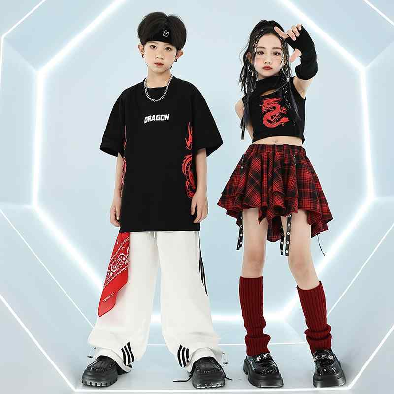 キッズ 子供服 パンク ロック 黒赤 セットアップ ストリート ダンス ヒップホップ ジャズ 男女 夏 チャ..