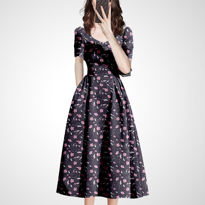 レディース 夏 半袖 花柄 ワンピース ドレス ラウンドネック シック おしゃれ ファッション フェミニン カジュアル ユニーク ミモレ丈 スカート かわいい デート パーティー