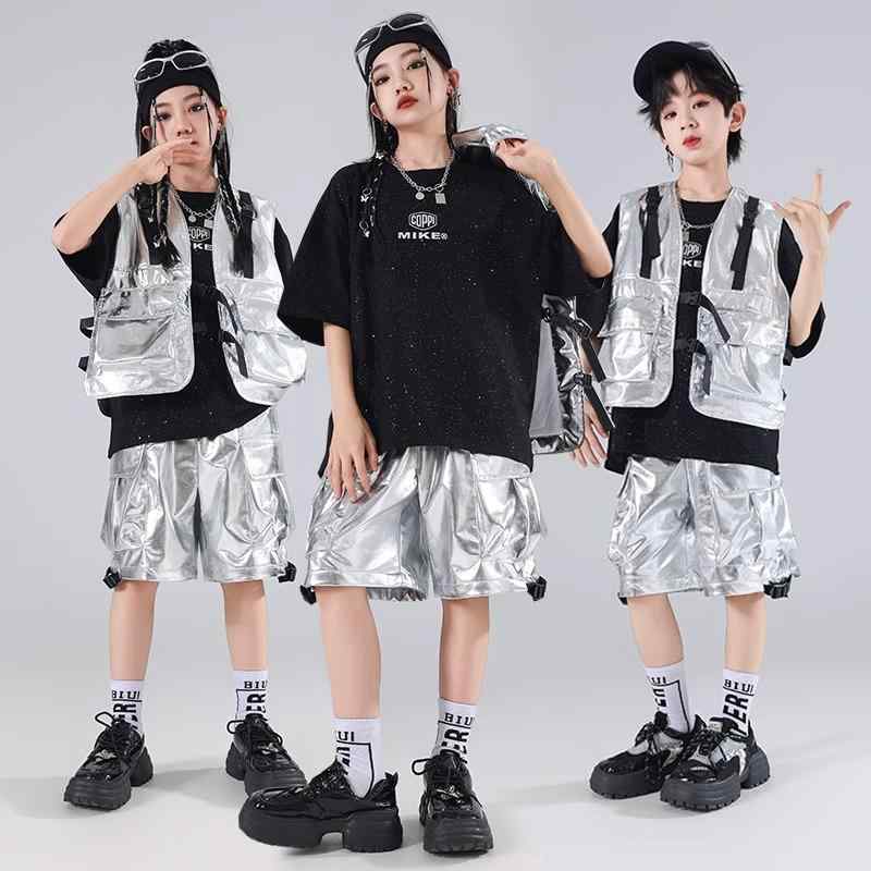 男女兼用 キッズウェア 子供用 ジュニア ストリート ファッション ダンス パフォーマンス 衣装 レザー ベスト セットアップ キラキラ おしゃれ かっこいい クール イベント ステージ