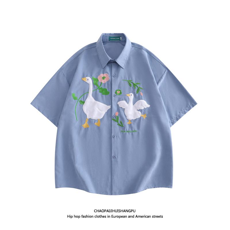 メンズ レディース あひる柄シャツ イン スタイル レトロ ぬいぐるみ アヒル 刺繍 半袖 シャツ カレッ..